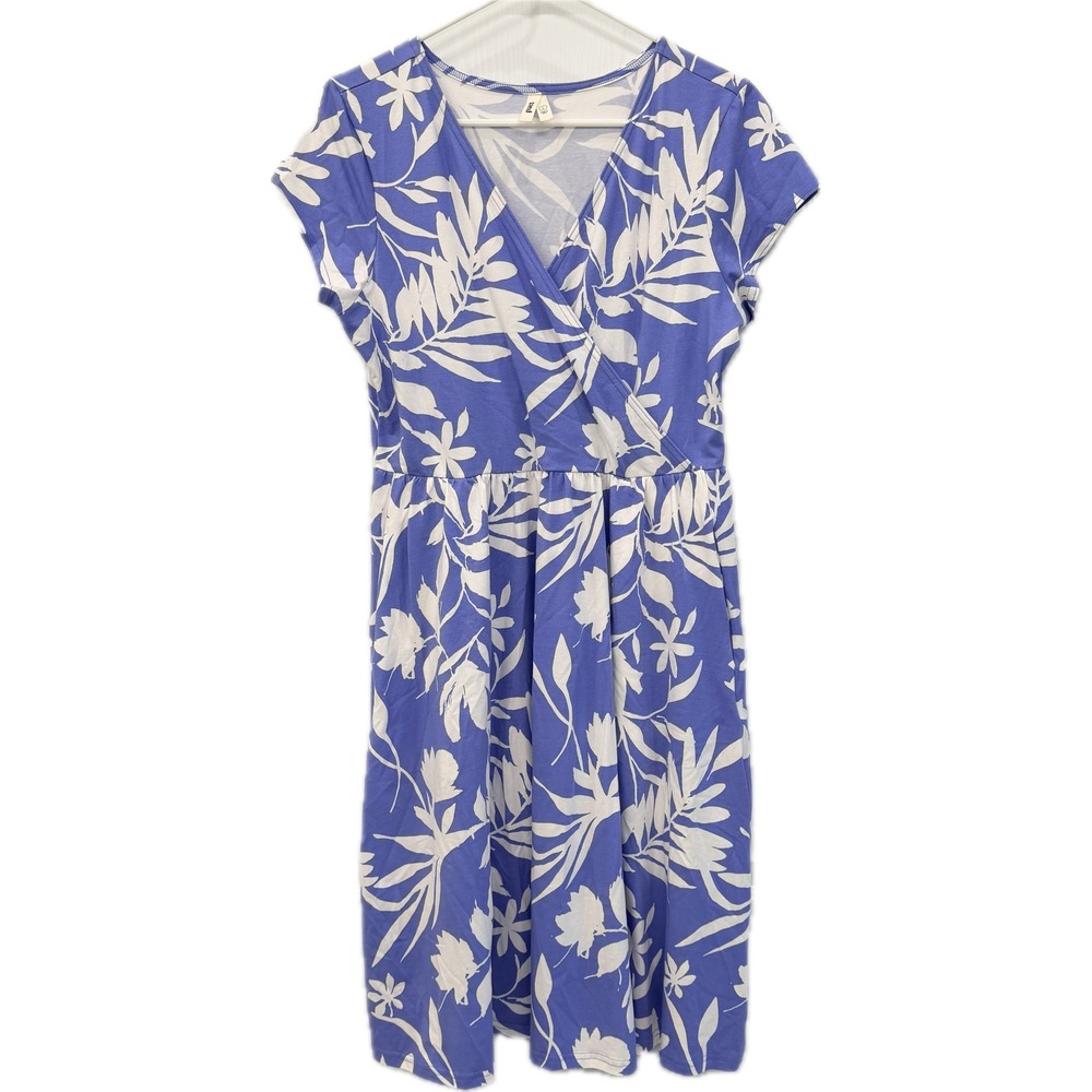 Pact Organic Cotton Crossover Fit & Flare Dress Periwinkle Blue Floral Large EUC - Picture 8 of 8